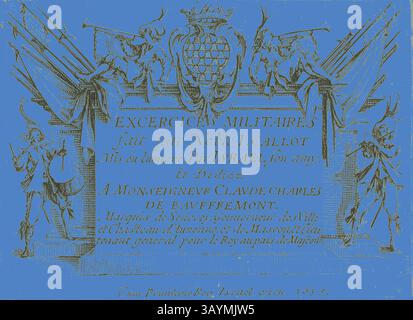 Eine dekorative Titelseite mit kunstvollen barocken Elementen, einschließlich Musikinstrumenten, allegorischen Figuren und einem Globus, sowie eine Inschrift mit militärischen Übungen, die einem edlen Mäzen gewidmet sind und von einem Künstler geschaffen wurden. Frontispiece, aus den Militärübungen, veröffentlicht 1635, Jacques Callot (Französisch, 1592-1635), herausgegeben von Israël Henriet (Französisch, 1590-1661), Frankreich, Ätzen auf Papier, 61 x 83 mm Klassische Kunst mit einem modernen Twist von Artotop neu interpretiert Stockfoto