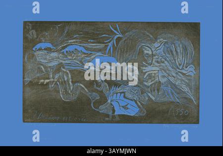 Eine surreale Landschaft mit abstrakten Formen und Figuren, verwoben mit organischen Formen und fließenden Linien. Das Stück weckt ein Gefühl von Mysterium und Introspektion, mit einer Mischung aus natürlichen Elementen und phantasievollen Interpretationen. L’univers EST créé (das Universum wird geschaffen), aus der Noa Noa Suite, 1893–94, gedruckt und veröffentlicht 1921, Paul Gauguin (Französisch, 1848-1903), gedruckt von Pola Gauguin (Dänisch, geboren Frankreich, 1883-1961), herausgegeben von Christian Cato, Kopenhagen, Frankreich, Holzblockdruck in schwarzer Tinte auf grauelfenbeinfarbenem Porzellanpapier, 205 x 355 mm (Bild), 269 x 426 mm (Blatt) Klassische Kunst Stockfoto