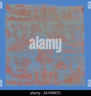 Ein detailliertes Textildesign mit komplexen Szenen aus der Natur, Palmen und Figuren, die an verschiedenen Aktivitäten beteiligt sind, in einem auffälligen Kontrast lebendiger Farben. Die Muster erinnern an ein tropisches Ambiente und verbinden menschliche Interaktion mit üppiger Umgebung. La Danse des Noirs (der Tanz der Schwarzen) (Möbelstoff), um 1760, hergestellt von Christophe Philippe Oberkampf (Französisch, 1738-1815), Frankreich, Jouy-en-Josas, Frankreich, Leinen und Baumwolle, Leinwandbindung, Blockbedruckt, 40,5 x 39,4 cm (16 x 15 1/2 Zoll) Klassische Kunst mit modernem Touch, neu interpretiert von Artotop Stockfoto