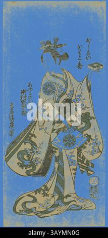 Eine traditionelle Figur in einem raffinierten Kimono, verziert mit komplizierten Blumenmustern, steht anmutig und hält eine dekorative Schüssel. Der Hintergrund ist mit einem leuchtenden blauen Farbton versehen, der die Eleganz der Kleidung unterstreicht. Der Schauspieler Nakamura Tomijuro I als Omi no Okane in dem Stück Kongen Okuni Kabuki spielte im siebten Monat 1754, 1754 im Nakamura Theater, Torii Kiyohiro, Japaner, aktiv ca. 1737-76, Japan, Farbholzdruck, Hosoban, Benizuri-e, 31,6 x 14,5 cm (1/2 x 5/8 Zoll) Klassische Kunst mit modernem Touch, neu interpretiert von Artotop Stockfoto