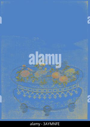 Eine dekorative Schüssel mit leuchtenden Blumen, die ein kompliziertes Design vor einem hellblauen Hintergrund zeigt. Die Schüssel verfügt über elegante Muster, die dem lebhaften Blumendesign einen Hauch von Raffinesse verleihen. Chrysanthemen und der aufsteigende Mond, um 1766, zugeschrieben Suzuki Harunobu 鈴木 春信, Japanisch, 1725 (?)–1770, Japan, Farbholzdruck, Chuban, 11 3/8 x 8 3/8 Zoll Klassische Kunst mit modernem Touch, neu interpretiert von Artotop Stockfoto