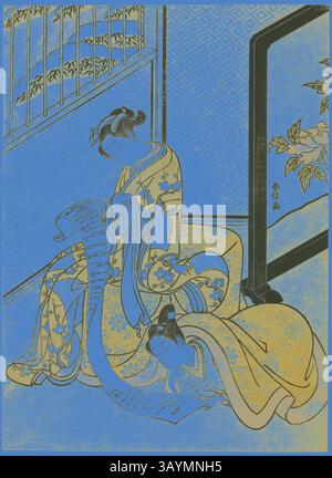 Zwei Figuren in eleganten, fließenden Gewändern sind in einem ruhigen Innenraum dargestellt. Der eine ist vertieft in das Lesen einer delikaten Schriftrolle, während der andere sich eng hineinneigt und einen Moment des gemeinsamen Lernens oder Erzählens andeutet. Die komplizierten Muster auf ihrer Kleidung und die umgebende Einrichtung erinnern an ein Gefühl von Tradition und Anmut. Ein Paar liest einen Brief, ca. 1770, Suzuki Harunobu 鈴木 春信, Japanisch, 1725 (?)-1770, Japan, Farbholzdruck, Chuban, 3/4 x 8 Zoll Klassische Kunst mit modernem Touch, neu interpretiert von Artotop Stockfoto