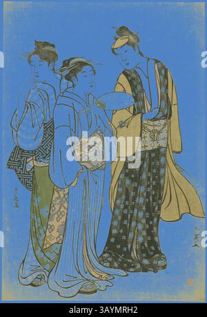 Drei elegant gekleidete Figuren zeigen traditionelle Kleidung mit komplizierten Mustern, die kulturelle Kunst verkörpern. Die zentrale Figur, die in leuchtenden Farben und raffinierten Designs verziert ist, wird von zwei Gefährten flankiert, die jeweils zur Anmut der Versammlung beitragen. Ihre Posen deuten auf einen Moment der Kameradschaft und des Feierns hin, verstärkt durch auffällige Farben, die einen Sinn für historischen Charme erwecken. Der Schauspieler Iwai Hanshiro IV in Straßenkleidung (von Shun’ei) im Gespräch mit zwei Frauen (von Shuncho), um 1788, Katsukawa Shun’ei, Japanisch, 1762-1819, Katsukawa Shuncho, Japanisch, aktiv ca. 1780-1801, Japan, Farbe Stockfoto