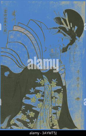 Eine anmutige Figur in traditioneller Kleidung, verziert mit komplizierten Blumenmustern und einem eleganten Fan. Der Hintergrund ist mit einem auffälligen blauen Farbton versehen, der die Schönheit und Details der Kleidung und der Frisur unterstreicht. Takigawa, aus der Serie Array of Supreme Beauties of the Present (Toji zensei bijin zoroe), um 1794, Kitagawa Utamaro 喜多川 歌麿, Japanisch, 1753 (?)-1806, Japan, Farbholzdruck, oban Klassische Kunst mit modernem Touch, neu interpretiert von Artotop Stockfoto