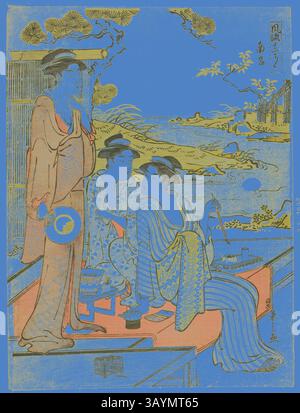 Eine ruhige Szene, in der drei Figuren in traditioneller Kleidung dargestellt werden, die sich am Fluss unterhalten. Die Umgebung bietet üppiges Grün und sanfte Wellen, die ein Gefühl von Ruhe und kultureller Reichtum wecken. Eine Figur hält einen Hut, während die anderen sitzen, was zu einer Atmosphäre der Freizeit und Kameradschaft beiträgt. Der achte Monat (Nanryo), aus der Serie A Calendar of Elegance (Furyu junikagetsu), ca. 1788, Chobunsai Eishi, Japanisch, 1756-1829, Japan, Farbholzdruck, Chuban, 26,2 x 19,6 cm (10 1/4 x 7 3/4 Zoll) Klassische Kunst mit modernem Touch, neu interpretiert von Artotop Stockfoto