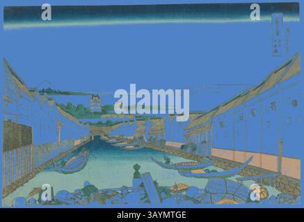 Eine ruhige Flusslandschaft bietet traditionelle Boote, die entlang des Wassers gesäumt sind, mit malerischen Gebäuden und fernen Bergen, die eine harmonische Landschaft schaffen. Weiche Linien und sanfte Kurven zeigen die Ruhe des Lebens am Ufer des Wassers. Nihonbashi-Brücke in Edo (Edo Nihonbashi), aus der Serie 36 Ansichten des Fuji (Fugaku sanjurokkei), ca. 1830/33, Katsushika Hokusai 葛飾 北斎, Japanisch, 1760-1849, Japan, Farbholzdruck, oban, 1/16 x 3/4 Zoll Klassische Kunst mit modernem Touch, neu interpretiert von Artotop Stockfoto