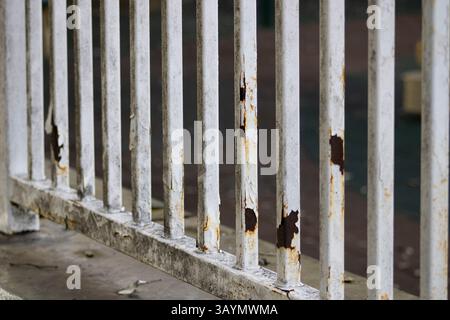Rostiger Metallzaun mit abgebrochener weißer Farbe Stockfoto