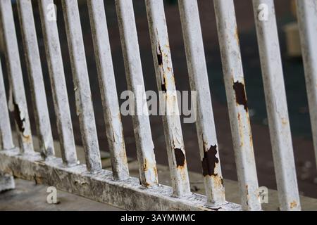 Rostiger Metallzaun mit abgebrochener weißer Farbe Stockfoto