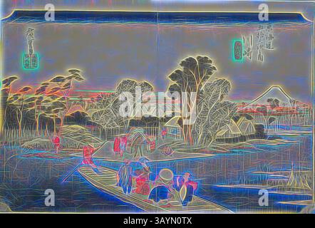 Eine ruhige Flussszene zeigt eine Gruppe von Menschen in einem Boot, umgeben von üppigen Bäumen und fernen Hügeln. Die Atmosphäre strahlt Ruhe aus, mit Einblicken auf traditionelle Gebäude entlang der Küste. Weiche, fließende Linien schaffen eine traumhafte Qualität und unterstreichen die friedliche Atmosphäre. Kawasaki: Die Rokugo-Fähre (Kawasaki, Rokugo watashibune), aus der Serie 53 Stationen des Tokaido (Tokaido gojusan tsugi no uchi), auch bekannt als Hoeido Tokaido, ca. 1833/34, Utagawa Hiroshige 歌川 広重, Japanisch, 1797-1858, Japan, Farbholzdruck, oban, 24,2 x 36 cm (9 1/2 x 14 3/16 Zoll Stockfoto