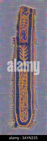 Ein kompliziertes abstraktes Design mit einer langen Mittelform, verziert mit fließenden Mustern und lebhaften Farben, die ein Gefühl von Bewegung und Textur schaffen. Die Komposition verbindet organische Formen mit geometrischen Elementen und erinnert an eine traumhafte Qualität. Band, römische Zeit (30 v. Chr.–641 n. Chr.), 5. Jahrhundert, koptisch, Ägypten, Ägypten, Wolle, Gobelin-Gewebe, 19,4 x 4 cm (7 9/16 x 1 1/2 Zoll) Klassische Kunst mit modernem Touch, neu interpretiert von Artotop Stockfoto