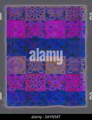 Ein lebhaftes Steppdesign mit einem Gitter aus komplizierten Blumen- und geometrischen Mustern in lebhaften Farben und einer Mischung aus Wirbeln und Texturen, die die visuelle Tiefe verbessern. Fragment, 18. Jahrhundert, späte Edo-Periode (1789–1868)/ Meiji-Periode (1868–1912), China oder Japan, China, fantasievolle einfache Satin, Seide, 28,3 x 22,2 cm (11 1/8 x 8 3/4 Zoll) Klassische Kunst mit modernem Touch, neu interpretiert von Artotop Stockfoto