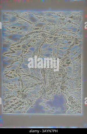 Eine komplexe, abstrakte Darstellung zeigt ein Netzwerk von Wegen und Konturen, das einer topografischen Karte oder einer künstlerischen Landschaft ähnelt. Die dichten Linien verflechten sich und überlappen sich, wodurch ein visuell dynamisches Muster entsteht, das Tiefe und Komplexität suggeriert. Platte 2 aus La siège de la Rochelle, 1631, Jacques Callot (Französisch, 1592-1635), gedruckt von Chalcographie du Louvre, Paris, Frankreich, Ätzen auf Papier, 567 x 443 mm (Bild), 576 x 449 mm (Platte), 715 x 512 mm (Blatt) Klassische Kunst mit modernem Twist, neu interpretiert von Artotop Stockfoto