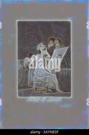 Eine Figur sitzt an einer Staffelei und konzentriert sich darauf, ein Meisterwerk zu erschaffen, während zwei andere mit Bewunderung und Neugierde zusehen. Die Szene fängt einen gemeinsamen Moment der Inspiration und des künstlerischen Ausdrucks ein. Bis zum Tod, Platte 55 aus Los Caprichos, 1797/99, Francisco José de Goya y Lucientes, Spanisch, 1746-1828, Spanien, Etching, brünierter Aquatint und Trockenspitze auf elfenbeinfarbenem Büttenpapier, 190 x 132 mm (Bild), 215 x 150 mm (Platte), 320 x 218 mm (Blatt) Klassische Kunst mit einem modernen Twist, neu interpretiert von Artotop Stockfoto