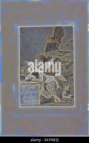 Eine ätherische Szene zeigt eine Figur in tiefer Besinnung, die neben einer reflektierenden Oberfläche ruht, mit einer engelhaften Präsenz, die in der Nähe schwebt und ein Gefühl von Ruhe und Selbstverständnis verkörpert. Die Kulisse bietet eine Mischung aus natürlichen und himmlischen Elementen, die die ruhige Atmosphäre verstärken. The Sleep of Reason produziert Monsters, Platte 43 aus Los Caprichos, 1797/99, Francisco José de Goya y Lucientes, Spanisch, 1746-1828, Spanien, Ätzen und Aquatint auf elfenbeinfarbenem Papier, 180 x 120 mm (Bild), 212 x 150 mm (Platte), 303 x 198 mm (Blatt) Klassische Kunst mit modernem Twist von Artotop neu interpretiert Stockfoto