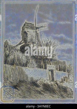 Eine einsame Windmühle steht hoch vor einem dramatischen Himmel, umgeben von Skelettbaumbrücken und einem rustikalen Zaun. Die wirbelnden Linien und Texturen erzeugen ein Gefühl von Bewegung und erinnern an die unerbittliche Kraft von Natur und Zeit. Little Mill at Montmartre, 1842, Charles Emile Jacque, Französisch, 1813-1894, Frankreich, Ätzen auf elfenbeinfarbenem Webpapier, 63 x 46 mm (Bild), 67 x 49 mm (Blatt) Klassische Kunst mit modernem Twist, neu interpretiert von Artotop Stockfoto