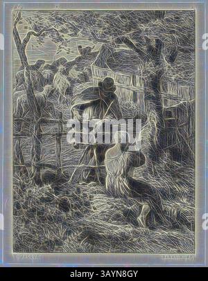 Eine ruhige Szene zeigt Gestalten, die ländliche Aktivitäten ausüben, umgeben von üppigem Grün. Einige Menschen arbeiten mit Werkzeugen, während andere beobachten, was ein Gefühl der Gemeinschaft und Verbundenheit mit der Natur widerspiegelt. Die Atmosphäre deutet auf einen zeitlosen Moment der Arbeit und Zusammenarbeit in einer pastoralen Umgebung hin. Sommer, um 1865, Charles Emile Jacque (Französisch, 1813-1894), gedruckt von Sarazin (Französisch, 19. Jahrhundert), Frankreich, Ätzen, Stichen und Roulette auf cremefarbenem Porzellanpapier gelegt auf elfenbeinfarbenem Webpapier, 130 x 97 mm (Bild), 140 x 108 mm (Chine), 210 x 132 mm (Platte), 400 x 301 mm (Blatt) Klassische Kunst mit moderner Stockfoto