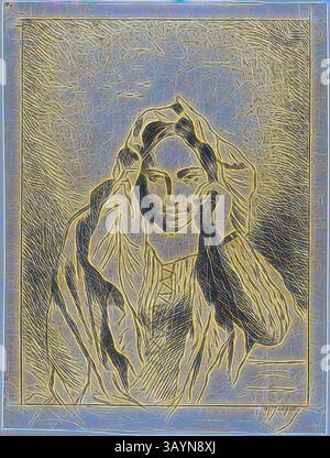 Eine kontemplative Figur, die in einem fließenden Kleid hängt, legt ihr Kinn auf ihre Hand und blickt nachdenklich in die Ferne. Die strukturierte Umrisse verstärkt ihren ruhigen Ausdruck und schafft eine traumhafte Atmosphäre. Porträt einer sitzenden Frau, n.d., Charles Emile Jacque, Französisch, 1813-1894, Frankreich, Ätzen auf Büfferkinze, auf elfenbeinfarbenem Webpapier gelegt, 125 x 94 mm (Bild), 139 x 105 mm (Chine), 287 x 214 mm (Blatt) Klassische Kunst mit einem modernen Twist, neu interpretiert von Artotop Stockfoto