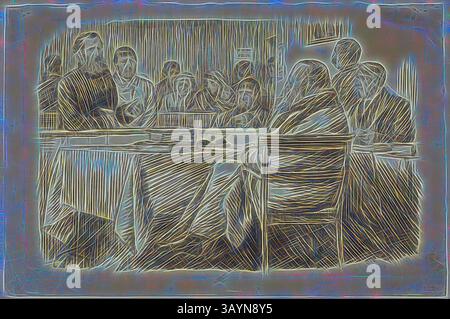 Eine Gruppe von Menschen versammelt sich an einem Tisch, die sich intensiv mit Diskussionen beschäftigen, ihre Ausdrucksformen sind eine Mischung aus Konzentration und Kontemplation. Die Umgebung vermittelt ein Gefühl der Zusammenarbeit und eines gemeinsamen Zwecks. Court Scene, 1870/91, Charles Keene, Englisch, 1823-1891, England, Stift und braune Tinte, mit Pinsel und brauner Waschung und Hauch von weißer Gouache, über Spuren von schwarzer Kreide, auf cremefarbenem Papier, auf Karte gelegt, 154 x 233 mm Klassische Kunst mit einem modernen Touch, neu interpretiert von Artotop Stockfoto