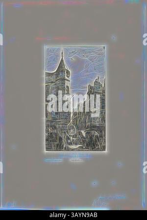 Eine stilisierte Darstellung einer belebten Straßenszene mit komplizierter Architektur, mit klaren Linien und einer dynamischen Atmosphäre, die die Energie der Umgebung widerspiegelt. Ein Gefühl der Bewegung durchdringt die Szene und zieht den Blick des Betrachters durch die Gebäude in Richtung Himmel. Haus mit einem Turm, Nr. 22, rue de l’Ecole de Médecine, Paris (Turm des Marat genannt), 1861, Charles Meryon (Französisch, 1821-1868), herausgegeben von Gazette des Beaux-Arts (Französisch, 1859-heute), Frankreich, Ätzen auf Elfenbeinpapier, 179 x 102 mm (Bild), 211 x 132 mm (Platte), 345 x 240 mm (Blatt) Klassische Kunst mit A Stockfoto