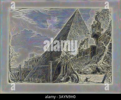 Eine dramatische Pyramide erhebt sich zwischen verflochtenen Wurzeln und alten Strukturen, die auf eine lange verlorene Zivilisation hindeuten. Die Szene ist von einem ätherischen Leuchten durchzogen, das die geheimnisvolle Atmosphäre der Landschaft unterstreicht. Die Pyramide von Gaius Cestius, aus Ansichten von Rom, 1750/59, erschienen 1800–07, Giovanni Battista Piranesi (italienisch, 1720-1778), erschienen von Francesco (italienisch, 1758-1810) und Pietro Piranesi (italienisch, geb. 1758/59), Italien, Ätzen auf schwerem Elfenbein-Büttenpapier, 387 x 531 mm (Bild), 392 x 536 mm (Platte), 475 x 609 mm (Blatt) Klassische Kunst mit moderner Kunstwerk Stockfoto