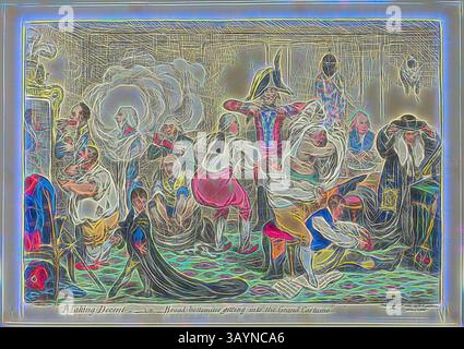 Eine lebendige Szene, die eine Versammlung elegant gekleideter Figuren zeigt, die spielerisch miteinander interagieren, in einem üppigen Innenraum. Die Charaktere, die in aufwendigen Kostümen verziert sind, spiegeln die soziale Dynamik ihrer Zeit wider, mit einem Sinn für Humor, der in ihren Ausdrücken und Haltungen gewebt ist. Ein Gefühl von Dekor und Scherz durchdringt die Atmosphäre und unterstreicht die Mischung aus Festlichkeit und Formalität. Making Decent, d. h. Broad-Bottomites Getting into the Grand Kostüm, veröffentlicht am 20. Februar 1806, James Gillray (Englisch, 1756–1815), herausgegeben von Hannah Humphrey (Englisch, ca. 1745–1818), England, handkoloriert Stockfoto