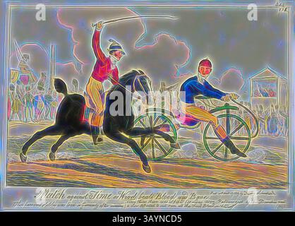 Zwei Teilnehmer rennen heftig gegeneinander, einer reitet auf einem galoppierenden Pferd und der andere auf einem Fahrrad. Beide Athleten werden in Aktion dargestellt und verkörpern einen Geist des Wettkampfs und der Intensität, während eine jubelnde Menge im Hintergrund zusieht. Die Szene fängt einen dynamischen Moment ein, der sowohl die Spannung des Rennens als auch die unterschiedlichen Stile der Teilnehmer hervorhebt. Match Against Time oder Wood Beats Blood and Bone, veröffentlicht am 17. April 1819, Charles Williams (englisch, aktiv 1797–1830), herausgegeben von Thomas Tegg (Englisch, 1776–1845), England, handkolorierte Ätzung auf Elfenbein-Webpapier, 205 x 305 Stockfoto