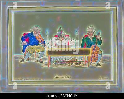 Drei Figuren sitzen um einen Tisch, von denen jede Musik spielt. Einer spielt Violine, ein anderer hält ein Cello, während der dritte anscheinend Regie führt oder an der Aufführung beteiligt ist. Sie tragen historische Kleidung und ein paar Kerzen beleuchten die Szene und betonen ihre fokussierten Ausdrucksformen. Das Setting verströmt ein Gefühl von Kunstfertigkeit und Zusammenarbeit in der Musik. Ars musica, veröffentlicht am 16. Februar 1800, James Gillray (Englisch, 1756–1815), nach Brownlow North (Englisch, 1778-1829), England, handgefärbte Ätzung auf Papier, 250 x 350 mm (Bild), 261 x 360 mm (Platte), 296 x 395 mm (Blatt Stockfoto