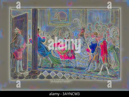 Eine lebendige Szene, die ein großes geselliges Treffen darstellt, mit elegant gekleideten Figuren, die sich in Gesprächen und Tanz engagieren. Die Atmosphäre ist animiert und bietet eine Mischung aus lebhaften Farben und komplizierten Details, die die Aufmerksamkeit auf die Interaktionen in der Menge lenken. The Bridal Night, veröffentlicht am 18. Mai 1797, James Gillray (Englisch, 1756–1815), herausgegeben von Hannah Humphrey (Englisch, ca. 1745-1818), England, Ätzen in Dunkelbraun, mit Handmalerei, auf cremefarbenem Webpapier, 292 x 449 mm (Bild), 305 x 454 mm (Platte), 361 x 517 mm (Blatt) Klassische Kunst mit modernem Twist, neu interpretiert von Artotop Stockfoto