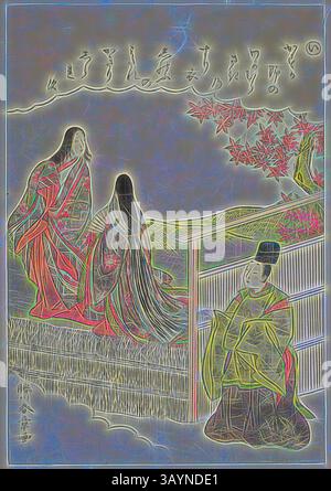 Zwei elegant gekleidete Figuren treffen sich vor einer ruhigen Kulisse, die mit zartem Laub geschmückt ist. Eine dritte Figur kniet in traditioneller Kleidung in der Nähe und schafft eine Szene voller kultureller Details und emotionaler Tiefe. I: Coming of Age, aus der Serie Tales of Ise in modische Brocade Pictures (Furyu nishiki-e Ise monogatari), ca. 1772/73, Katsukawa Shunsho 勝川 春章, Japanisch, 1726-1792, Japan, Farbholzdruck, koban, 22,6 x 15,6 cm (8 7/8 x 5 1/8 Zoll) Klassische Kunst mit modernem Touch, neu interpretiert von Artotop Stockfoto