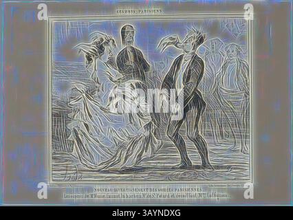 Eine lebendige Szene zeigt eine Theateraufführung mit zwei elegant gekleideten Personen in dramatischen Posen, die mit einer dritten Figur in einem Kleidungsstück, das ihre Kleidung kontrastiert, verbunden sind. Die Komposition betont eine Mischung aus Bewegung und Emotionen und spiegelt einen lebendigen Moment in einem belebten Pariser Ambiente wider. Neue Unterhaltung bei den Pariser Abendpartys. Der Geist von Mr. Hume, der den Bart von Monsieur de St. Potard rasiert und die Haare von Madame Coffignon auflöst, Platte 8 aus CES Bons Parisiens, 1857, Honoré Victorin Daumier, Französisch, 1808-1879, Frankreich, Lithografie in Schwarz auf Elfenbein-Webpapier, mit Stockfoto