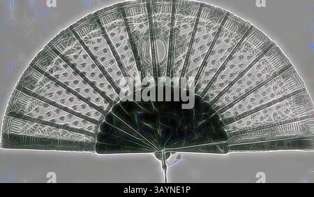Ein zart gestalteter Ventilator mit komplizierten Mustern und Halbmondform, der künstlerische Details in seiner Struktur zeigt. Fan, ca. 1875, England, schwarze Schnürhalterung, glatte Schildkröte-Muschelstangen und -Schutzvorrichtungen, Muschelschlaufe und ein Metallniet, 26,7 cm 26,7 cm (10 1/2 Zoll) Klassische Kunst mit modernem Touch, neu interpretiert von Artotop Stockfoto