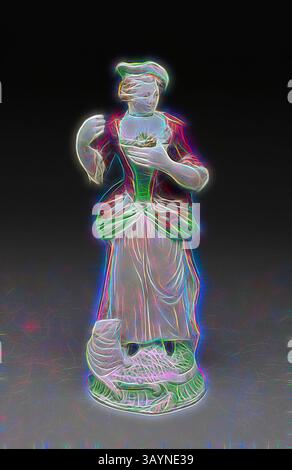 Eine zierliche Figur einer Frau in einem eleganten Kleid, die ein kleines Objekt in der Hand hält, steht anmutig. Komplizierte Details schmücken ihre Kleidung, während eine charmante Basis mit einem verspielten Meeresmotiv versehen ist. Hirtin, ca. 1790, England, Staffordshire, Staffordshire, Blei-glasiertes Steingut (Perlgeschirr), H 22,5 cm (8 7/8 Zoll) Klassische Kunst mit modernem Touch, neu interpretiert von Artotop Stockfoto