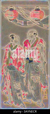 Zwei elegant gekleidete Figuren treffen sich unter dem Glanz hängender Laternen, deren traditionelle Kleidung mit komplizierten Mustern verziert ist. Die Szene fängt eine Mischung aus kulturellen Elementen ein und zeigt die Details ihrer Kleidungsstücke und Ausdrucksformen in einem lebendigen, künstlerischen Stil. Die Schauspieler Arashi Ryuzo II und Ichikawa Komazo III., aus einem Pentaptychon von elf Schauspielern, die das Festival des Schreins der Soga-Brüder feiern, 1788, Torii Kiyonaga, Japanisch, 1752-1815, Japan, Farbholzdruck, Hosoban, Pentaptychon (erstes Blatt von rechts), 31,1 x 13,8 cm Klassische Kunst mit einem modernen Twist neu interpretiert Stockfoto