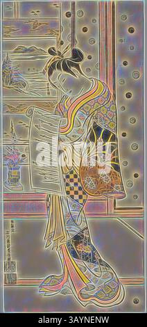 Eine bewegte Figur in traditioneller Kleidung hält eine Schriftrolle, umgeben von dekorativen Elementen, die ein reiches kulturelles Erbe widerspiegeln. Die lebendigen Muster und die komplizierten Designs der Kleidung bilden einen schönen Kontrast zum Hintergrund und betonen die Eleganz der Szene. Kurtisane Reading a Letter, ca. 1745, Ishikawa Toyonobu, Japanisch, 1711-1785, Japan, handkolorierter Holzschnitt, toku-oban, urushi-e, 50,6 x 23,0 cm (19 3/4 x 9 Zoll) Klassische Kunst mit modernem Touch, neu interpretiert von Artotop Stockfoto