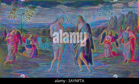 Eine heitere Szene, die eine Taufe darstellt, in der eine Figur von einer anderen Figur umgeben von Engeln in Wasser getaucht wird. Weiche, fließende Linien und lebendige Farben schaffen eine ätherische Atmosphäre, die die spirituelle Bedeutung des Augenblicks unterstreicht. Die Taufe Christi, 1500/05, Perugino (Pietro di Cristoforo Vannucci), Italienisch, 1445/46-1523, Italien, Tempera an der Podiumsdiskussion, auf Leinwand übertragen, 27,3 x 46,4 cm (10 3/4 x 18 1/4 Zoll) Klassische Kunst mit modernem Touch, neu interpretiert von Artotop Stockfoto