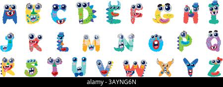 Verspieltes Alphabet im Monster-Design mit leuchtenden Farben und skurrilen Designs. Perfekt für Projekte und Lernmaterialien für Kinder Stock Vektor