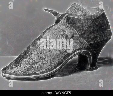 Ein aufwändig gestalteter Schuh mit hohem Absatz, einzigartiger Textur und Vintage-Ästhetik, mit einem zarten Schnürdetail, das seine elegante Silhouette unterstreicht. Damenschuh, 1801/25, England, Leder Klassische Kunst mit modernem Touch, neu interpretiert von Artotop Stockfoto