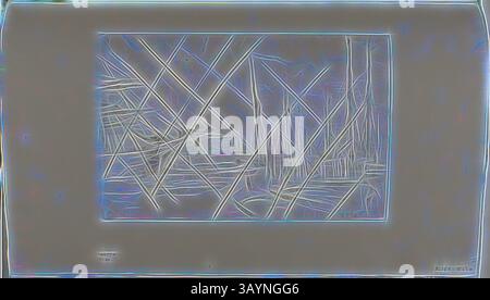 Eine abstrakte Szene mit einer Reihe von sich kreuzenden Linien und Formen, die ein dynamisches Bewegungsgefühl erzeugen und ein Gefühl von Tiefe und Komplexität in einer minimalen Landschaft hervorrufen. Von Billingsgate, 1876/77, James McNeill Whistler, amerikanische Küche, 1834-1903, USA, Trockenpunkt mit faulem Beißen, mit Trockenpunkt-Unterdrückung, in schwarzer Tinte auf elfenbeinfarbenem Papier, 151 x 226 mm (Platte), 240 x 379 mm (Blatt, Anblick, gebunden) Klassische Kunst mit einem modernen Twist, neu interpretiert von Artotop Stockfoto