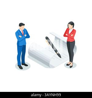 Isometrischer Vektor Geschäftsmann und Frau in der Nähe von Dokument mit Stift, in Farbe auf weißem Hintergrund, unterzeichnen oder brechen Vertrag Stock Vektor