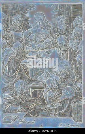 Eine Gruppe von Einzelpersonen umgibt eine zentrale Figur, die in einem Moment intensiver Interaktion aktiv ist und Themen der Gemeinschaft und gemeinsame Erfahrungen vermittelt. Die Ausdrücke und Gesten deuten auf eine Mischung von Emotionen hin, während ein strahlendes Licht von oben ausgeht und die spirituellen Untertöne der Szene verstärkt. Das letzte Abendmahl, 1615/1620, Jan Harmensz Muller (Niederländisch, 1571-1628), nach Lucas van Leyden (Niederländisch, ca. 1494-1533), Holland, Gravur in Schwarz auf elfenbeinfarbenem Papier, 117 x 77 mm (Bild), 118 x 80 mm (Platte/Blatt, auf Plattenmarke zugeschnitten) Klassische Kunst mit modernem Twist von Artotop neu interpretiert Stockfoto