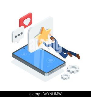 Isometrischer Vektor fliegt Geschäftsmann und Smartphone mit Textblasen und Stern, in Farbe auf weißem Hintergrund, Social-Media-Kommentaren oder Bewertungen Stock Vektor