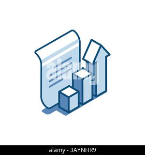 Isometrischer Vektor lineares Symbol für Dokument und Diagramm, farbig auf weißem Hintergrund, Statistik und Finanzen Stock Vektor