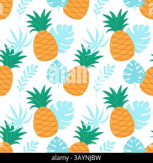 Nahtloses Muster von Ananas und blauen Palmblättern. Lebendiges, flaches Design für Projekte im Sommer, in den Tropen oder im Lebensmittelbereich Stock Vektor