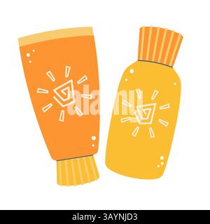 Zwei farbenfrohe Sonnenschutzflaschen und Lotionen. Ideal für Sommer-, Strand- oder Hautpflegeprojekte Stock Vektor