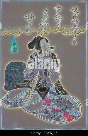 Eine anmutige Figur in traditioneller Kleidung sitzt ruhig und spielt eine Flöte. Die Atmosphäre wird durch zarte Wirbel und Muster verstärkt, die ein Gefühl von Ruhe und künstlerischem Ausdruck hervorrufen, mit subtilen Elementen kultureller Motive und einem ätherischen Leuchten. Gedenkporträt des Schauspielers Bando Shuka I, 1855, Utagawa School, Japanisch, 19. Jahrhundert Japan, farbiger Holzschnitt, oban Classic-Kunst mit einem modernen Touch, neu interpretiert von Artotop Stockfoto