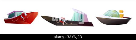 Motorboot Schnellboot Vektorsatz, Zeichentrick-Wassertransport. Roter Cabin Cruiser, schwarzes Sportboot, bunte Yacht. Lebensechte Dekoration, stilvolle Bullaugen und elegante futuristische Formen für Sommerspaß Stock Vektor