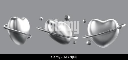 3D-Chromherzen isoliert auf Hintergrund gesetzt. Vektor-realistische Illustration von rotierenden Liebesplanetensymbolen mit silberner Oberfläche, holographischen abstrakten Formen, y2k ästhetischen Designelementen, romantischem Zeichen Stock Vektor