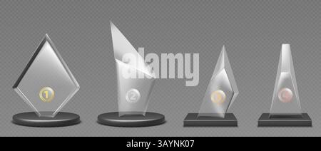 Trophäen aus Glas mit Lorbeerkränzen – Acrylplaque-Formen. Transparente, realistische Vektormodelle für Siegessymbole, Meisterschaftspreise oder Geschenke für Firmenanerkennungen auf Hochglanzständern Stock Vektor