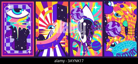 Grooviges Space Poster Set - psychedelische Galaxie Hintergründe, UFO-Entführungsszene, Planeten, die Sterne umkreisen. Funkige Astralausflugspruchbänder, kosmische Muster. Trippige Universum-Explorationsdrucke im Stil der 60er Jahre. Stock Vektor