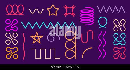 Federspule und Metaball-Formen in hellen Neonfarben auf dunklem Hintergrund. Satz von Vektorabbildungselementen mit Spiralen und Kurven, Squiggles und Schleifen. Farbenfrohe Grafiksymbole. Stock Vektor